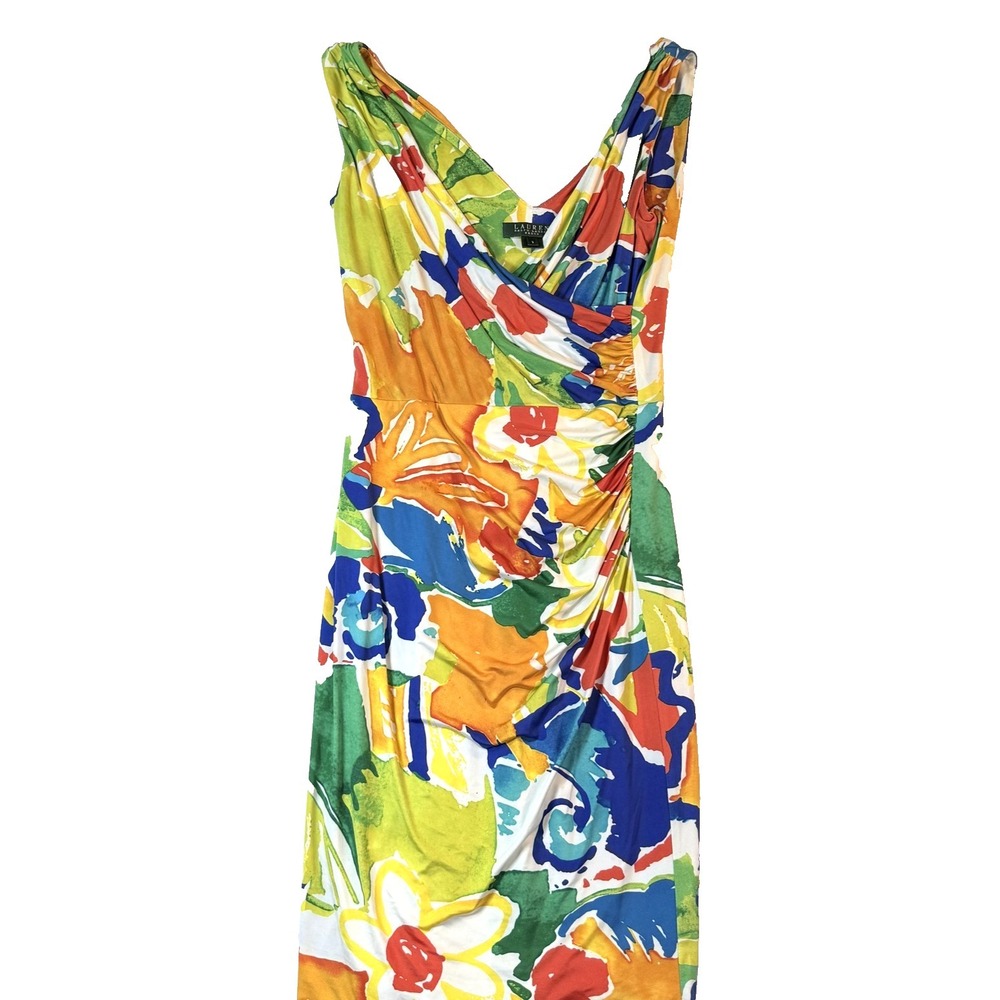 Lauren Ralph Lauren Strapless Dress Womens 2 Tropical Floral Ruched Midi